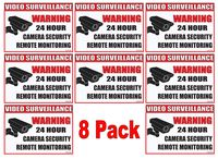 (8 Pack) 24 Hour Video Surveillance Security Vinyl Stickers 3 1/2 x 2 1/2 Great Decal for Windows, Doors with UV Protection Waterproof Home and Business Made in The U.S.A