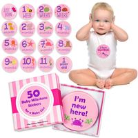 Baby Monthly Milestone Stickers for Girls | 50 Pack | Cute Keepsake Box | Pink or Blue | Week, Month, Holiday, Funny, Original Milestones Stickers (Pink)