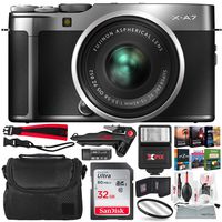 FUJIFILM X-A7 Mirrorless Digital Camera with 15-45mm Lens (Dark Silver) + Xpix Flash, 32GB Memory Card, Case, Strap, Card Reader, Tripod, UV Filter, Photo Editing Software & Xpix Cleaning Accessories