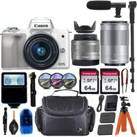 Canon EOS M50 Mirrorless Digital Camera (White) w/15-45mm & 55-200mm STM Lens + Pro Accessory Bundle (Including Digital Flash, Equipment Carrying Case, 2X 64GB Transcend Memory Cards and More.)