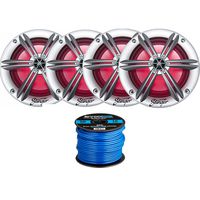 4 x Stinger PowerSports 6.5" Marine Boat Coaxial Speakers with Built-in Multi-Color RGB Lighting (Silver), Enrock Marine-Grade 50 Foot 16-Gauge Speaker Wire