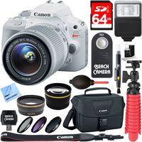 Canon EOS Rebel SL1 White Digital SLR Camera + EF-S 18-55mm IS STM Lens Kit + Accessory Bundle 64GB SDXC Memory + DSLR Photo Bag + Wide Angle Lens + 2x Telephoto Lens + Flash + Remote + Tripod & More