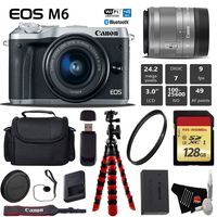 Canon EOS M6 Mirrorless Digital Camera (Silver) with EF-M 15-45mm is STM Lens + Flexible Tripod + UV Protection Filter + Professional Case + Card Reader - International Version