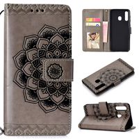 Cfrau Wallet Case with Black Stylus for Samsung Galaxy A50/A30,Retro 3D Henna Mandala Floral Embossed Magnetic Strap Flip PU Leather Card Slots Stand Soft Rubber Case for Samsung Galaxy A50/A30,Gray