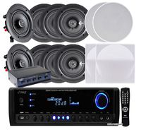 Pyle KTHSP390S 4 Pairs of 150W 5.25" In-Wall / In-Ceiling Stereo White Speakers w/ 300W Digital Home Stereo Receiver w/ USB/SD/AUX Input, Remote w/ 4 Channel High Power Stereo Speaker Selector