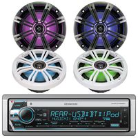 Kenwood Marine Boat Yacht Outdoor CD MP3 USB Aux Bluetooth AM/FM Radio Receiver Bundle Combo with 4 x Kicker 6.5" Inch LED Marine Speakers