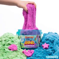 SlimySand Bucket, 5 Pounds of SlimySand in 3 Different Colors (Blue, Green and Purple), 3 Molds, Bucket is Reusable for Storage. Super Stretchy & Moldable!