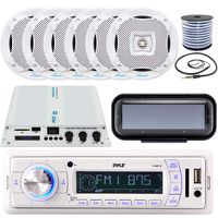 Sound Around Pyle in-Dash Marine Boat AM/FM USB AUX Radio Headunit Receiver, 6 x Lanzar 5.25'' 2-Way White Audio Speakers, 6-Channel Bluetooth Amplifier, Radio Shield, Speaker Wire, Antenna
