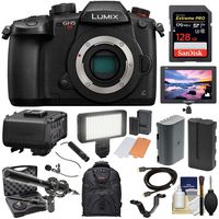 Panasonic Lumix DC-GH5S Wi-Fi C4K Digital Camera Body with DMW-XLR1 Adapter + 128GB Card + Battery + Backpack + Monitor + LED Light + 2 Mics Kit