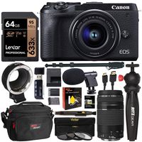 Canon EOS M6 Mark II (Black) Mirrorless Camera with Viewfinder EF-M 15-45mm and 75-300mm III, EF-EOS M Lens Adapter, Lexar 64GB Video Memory Card, Tabletop Tripod, Camcorder Microphone, Monopod Bundle