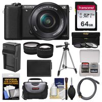 Sony Alpha A5100 Wi-Fi Digital Camera & 16-50mm Lens (Black) with 64GB Card + Case + Battery & Charger + Tripod + Filters + Tele/Wide Lens Kit