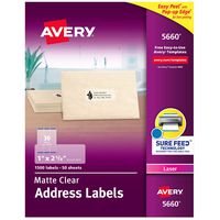 Avery Matte Frosted Clear Address Labels for Laser Printers, 1" x 2-5/8", 1,500 Labels (5660)