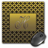 3dRose LLC 8 X 8 X 0.25 Inches Mouse Pad, Elegant Letter H Embossed Gold Frame in Black Fleur-De-Lis Pattern on Gold Background (mp_36086_1)