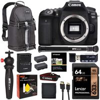 Canon EOS 90D DSLR Camera Body, Lexar 64GB U3 Video Memory Card, Tabletop Tripod, Vivitar Sling Bag, Monopod Plus Cleaning Kit Bundle
