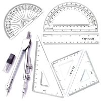 7 Piece Geometry School Set,with Quality Compass, Linear Ruler, Set Squares, Protractor (Silver)