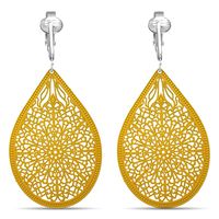 Aloha Earrings Lovely Victorian Filigree Clip On Earrings for Women Clip-ons, Lightweight Teardrop Leaf Dangle (Large Filigree- Yellow)
