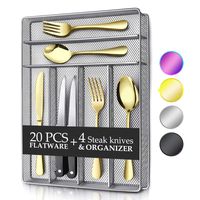 Teivio 24 Piece Silverware Set, Flatware Utensils Set Mirror Polished, Dishwasher Safe Service for 4, Include Knife/Fork/Spoon/Steak Knife/Wire Mesh Steel Cutlery Holder Storage Trays (Gold)