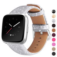 Mosstek Genuine Leather Bands Compatible with Fitbit Versa 2 & Versa 1 & Versa Lite & Versa Special, Genuine Leather Band Replacement Strap for Versa Women - Silver Glitter