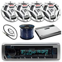 Kenwood KMR-D365BT Marine Boat Radio Stereo CD Player Receiver Bundle Combo With 4x JVC CS-DR6201MW 6.5" 2-Way Coaxial Speakers + 360-Watt Amplifier + Enrock Radio Antenna + 50 Foot 16g Speaker Wire