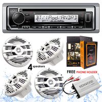 Kenwood KMR-D372BT Bluetooth Receiver + KAC-M1804 4 Channels Amplifier + KFC-1653MRW 6.5" 2-Way Marine Speaker Boat-Yacht-ATV - 4 Speakers/300W + Free Magnet Phone Holder