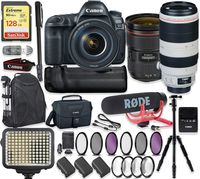 Canon EOS 5D Mark IV DSLR Camera with Canon 24-70mm f/2.8L II Lens & 100-400mm is II Lens + 128GB Sandisk Extreme Memory + Video LED Light + Rode Microphone + 60" Portable Tripod + Professional Kit