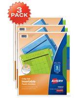 Avery 5-Tab Plastic Binder Dividers, Insertable Multicolor Big Tabs, 3 Sets (11900)