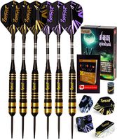 IgnatGames Steel Tip Darts Set - Professional Darts with Aluminum Shafts, Rubber O'Rings, and Extra Flights + Dart Sharpener + Innovative Case + Darts Guide (26g Dark Avenger)