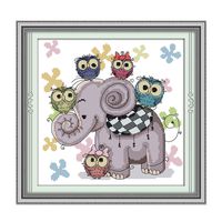 Printed Cross Stitch Kits 11CT 15X15inch 100% Cotton Holiday Gift DIY Embroidery Starter Kits Easy Patterns Embroidery for Girls Crafts DMC Stamped Cross-Stitch Supplies Needlework Elephant and Owls