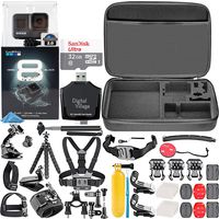 GoPro HERO8 Black + 32GB Memory Card + Hard Case + Card Reader + Chest Strap Mount + Head Strap Mount + Flexible Tripod + Extendable Monopod + Floating Handle + Hero 8 Best Value Bundle