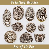 Asian Hobby Crafts Baren Handcarved Wooden Blocks for Stamping, Block Printing on Textiles, Pottery Crafts,Henna, Scrapbooking, Wall Painting: Set of 10pcs (Design C)