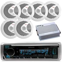 New Kenwood Outdoor Waterproof ATV Bike Yacht Bluetooth USB AUX Radio, 6x 6.5 Inch White Marine Speakers, 400W Marine Amp -Outdoor Audio Kit