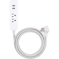 Cordinate Designer USB Charging Station Extension Cord, Power Strip Surge Protector, 2 Outlets, 2 USB Ports, Extra Long 10 Ft Cable with Flat Plug, Braided Cord, 2.4A Fast Charge, Gray/White, 41691 (Renewed)