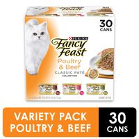 Purina Fancy Feast Grain Free Pate Wet Cat Food Variety Pack, Poultry & Beef Collection - (30) 3 ounce Cans
