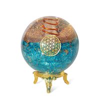 Orgonite Crystal Blue Aquamarine Crystal Ball with Stand for Positive Energy, EMF Protection and Chakra Balancing -with Flower of Life Symbol to Promote Purpose, Serenity and Courage