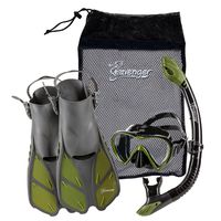 Seavenger Diving Dry Top Snorkel Set with Trek Fin, Single Lens Mask and Gear Bag, XS/XXS - Size 1 to 4 or Children 10-13, Gray/Black Silicon/Green