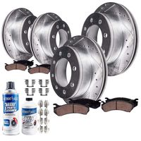 Detroit Axle - 8-LUG FRONT & REAR Drilled Slotted Brake Rotors Ceramic Pads w/Hardware, Fluid & Cleaner for 2001-2010 Silverado/Sierra 2500HD - [2007-2010 Silverado/Sierra 3500HD Single Rear Wheel]