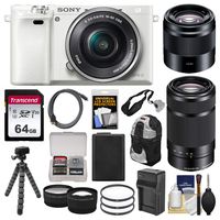 Sony Alpha A6000 Wi-Fi Digital Camera & 16-50mm (White) with 55-210mm & 50mm f/1.8 Lenses + 64GB Card + Case + Battery/Charger + Tripod + Kit