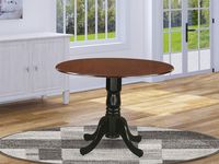 East West Furniture Dublin Round Table with Two 9" Drop Leaves in Mahogany and Black Finish