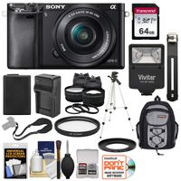 Sony Alpha A6000 Wi-Fi Digital Camera & 16-50mm Lens (Black) with 64GB Card + Battery + Charger + Flash + Backpack + Tripod + 2 Lens Kit