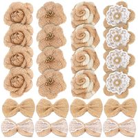 24PCS Handmade Natural Burlap Flowers, Include Burlap Rose Flowers, Burlap Lace Flowers with Pearls, Burlap Hibiscus Flowers, Burlap Bowknot, 6 Styles Vintage Burlap Rustic Flowers for DIY Craft