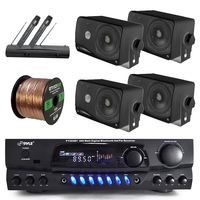 Pyle PT265BT Bluetooth 200 Watt Digital Karakoe Receiver Amplifier Bundle Combo with 4X 3'' Inch 3-Way Wall Mount Speakers + Wireless Handheld Dual Microphone System + Enrock 50 Ft 16g Speaker Wire