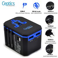 All in One World Travel Plug Adapter by Ceptics - Powerful 33W with PD & QC 3.0 USB-C Fast Charging - 2 USB Ports Wall Charger Type I C G A Outlets 110V 220V A/C - EU Euro US UK