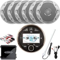Marine Gauge-Style Digital Media Bluetooth Receiver, 6 x JBL 6.5" Dual Cone Speakers (White, Bulk Packaging), 2-Channel Amplifier, Antenna, Amp Kit, AUX Interface Mount