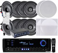 Pyle KTHSP390SVC 4 Pairs of 150W 5.25" In-Wall / In-Ceiling Stereo White Speakers w/ 300W Digital Home Stereo Receiver w/ USB/SD/AUX Input, Remote w/ 4 Channel High Power Stereo Speaker Selector & 4 Volume Controls