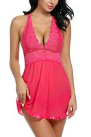 Avidlove Women V-neck Lace Babydoll Mesh Chemise Sleepwear Sexy Open Back Lingerie Rose Red Large