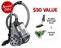 Ovente ST2620B Bagless Canister Cyclonic Vacuum - HEPA Filter - Includes Pet/Sofa, Bendable Multi-Angle, Crevice Nozzle/Bristle Brush, Retractable Cord - Featherlite, Black