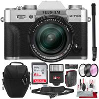 Fujifilm X-T30 4K Wi-Fi Mirrorless Digital Camera with XF 18-55mm Lens Kit - Silver with 64GB Deluxe Bundle and Travel Photo Cleaning Kit