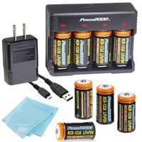 8 Pack of 1200mAh CR-123A LiFePO4 Lithium Rechargeable Batteries and Charger Kit with USB Adapter - Compatible with Many Security System Cameras, LED Flashlights, and Lasers