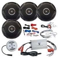 EnrockMarine Pyle 1200 Watt Amp Bluetooth 4-Channel Amplifier - Silver, 4X JBL 6.5" 150 Watts Dual Cone Boat Speakers - Black, Pyle 8 Gauge Amp Kit