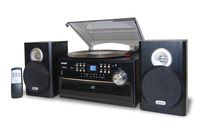 Jensen 3-Speed Turntable with CD Player, AM/FM Stereo Radio, Cassette Player and Stereo Speakers, Blue Back-Lit LCD Display, Dust Cover, Remote with Batteries Included